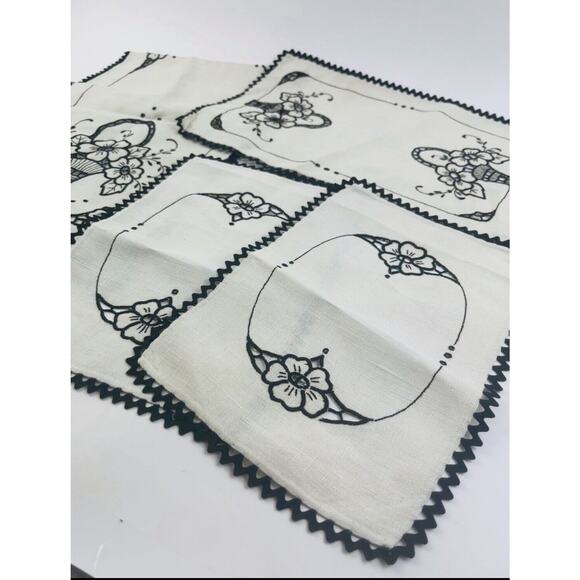 4 Pc Set Vintge Linen Table Runner Dresser Scarf Cutwork Floral Black Embroidery - Picture 2 of 16